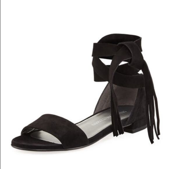 Stuart Weitzman 8.5 M Black Suede Corbata Wrap Fringe Ankle  Stuart Weitzman Black \'Corbata\' Ankle Wrap Sandals
